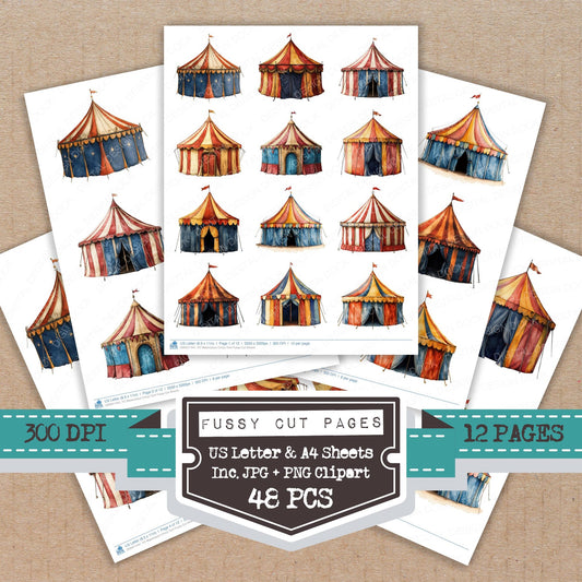 Watercolour Circus Tent fussy cut printable sheets for junk journaling, scrapbooking, and paper craft projects