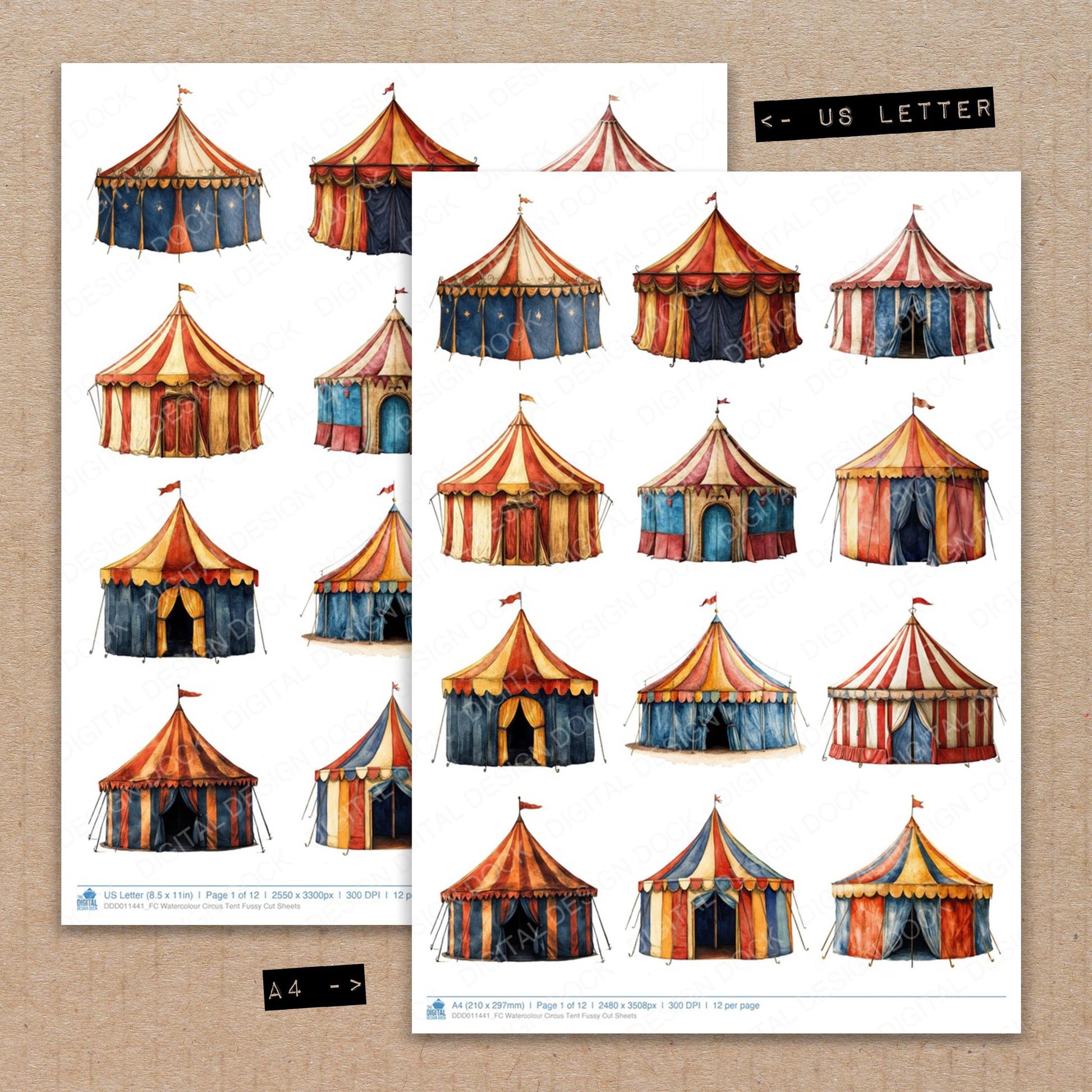 A4 and US Letter format comparison showing Watercolour Circus Tent fussy cut pages for print and cut crafting