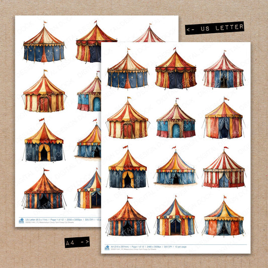 A4 and US Letter format comparison showing Watercolour Circus Tent fussy cut pages for print and cut crafting