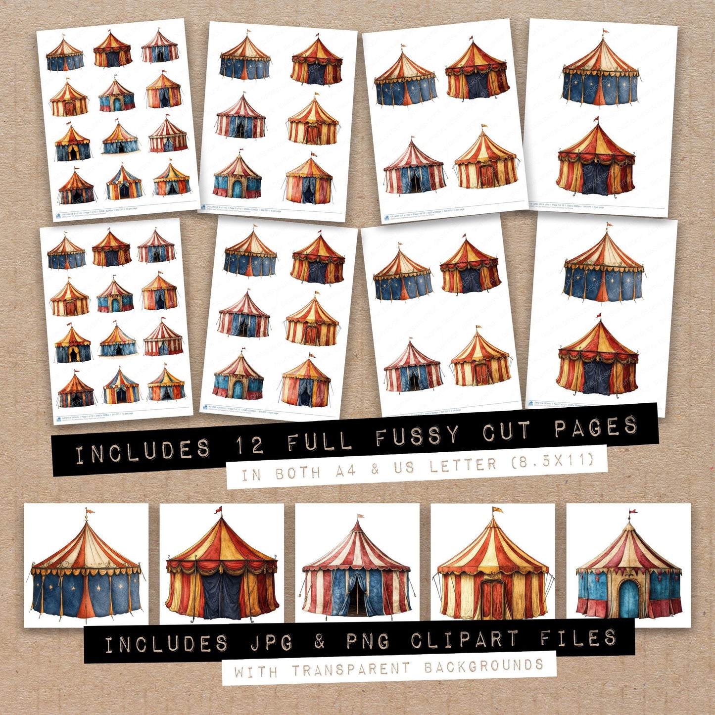Full collection view of Watercolour Circus Tent fussy cut sheets with bonus clipart JPG and PNG files