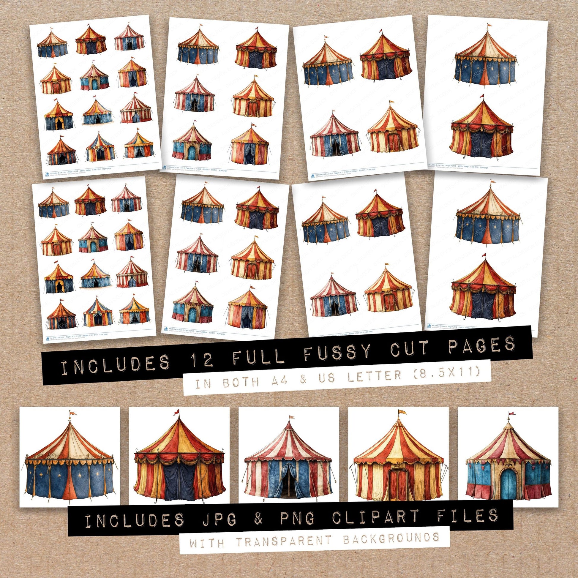 Full collection view of Watercolour Circus Tent fussy cut sheets with bonus clipart JPG and PNG files