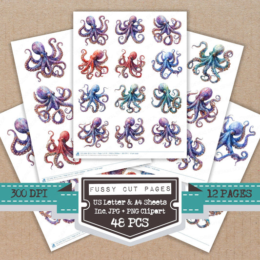 Watercolour Colourful Octopus fussy cut printable sheets for junk journaling, scrapbooking, and paper craft projects