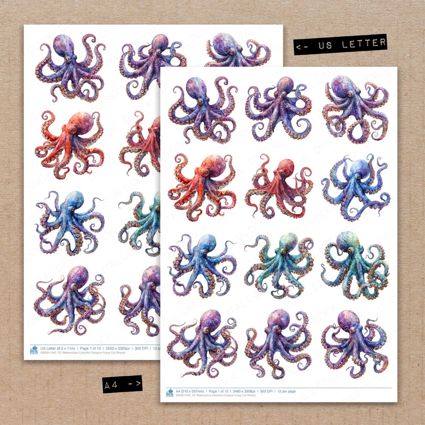 A4 and US Letter format comparison showing Watercolour Colourful Octopus fussy cut pages for print and cut crafting