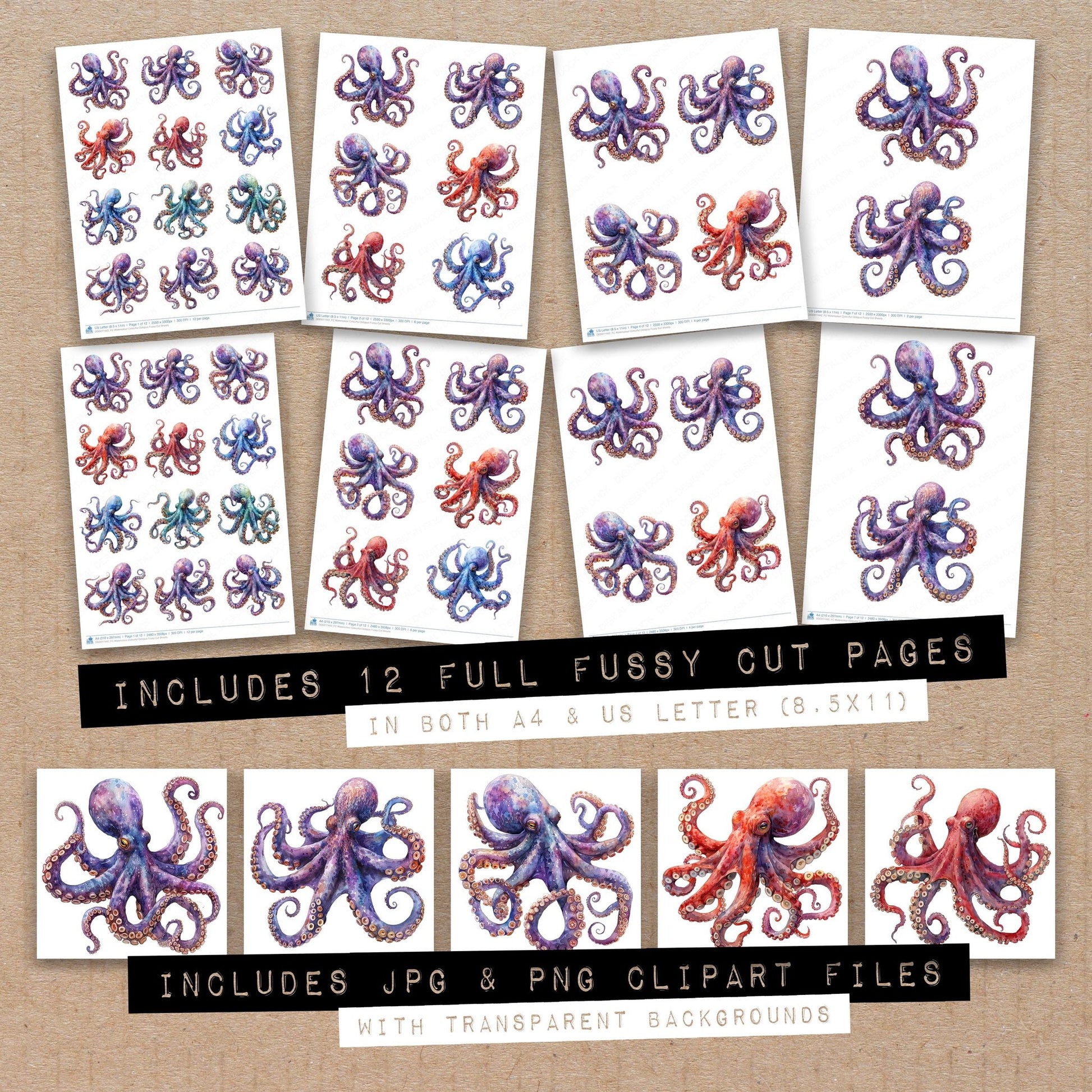 Full collection view of Watercolour Colourful Octopus fussy cut sheets with bonus clipart JPG and PNG files