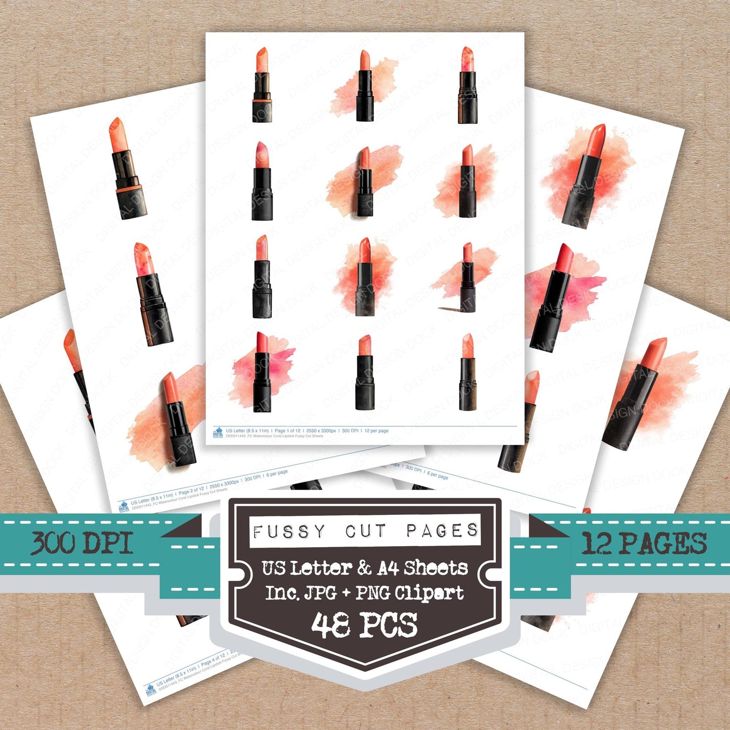 Watercolour Coral Lipstick fussy cut printable sheets for junk journaling, scrapbooking, and paper craft projects