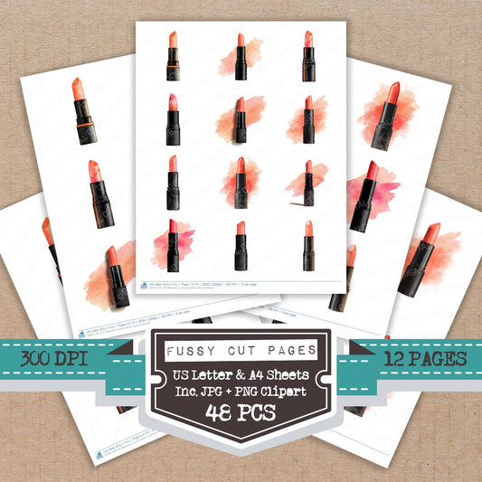 Watercolour Coral Lipstick fussy cut printable sheets for junk journaling, scrapbooking, and paper craft projects