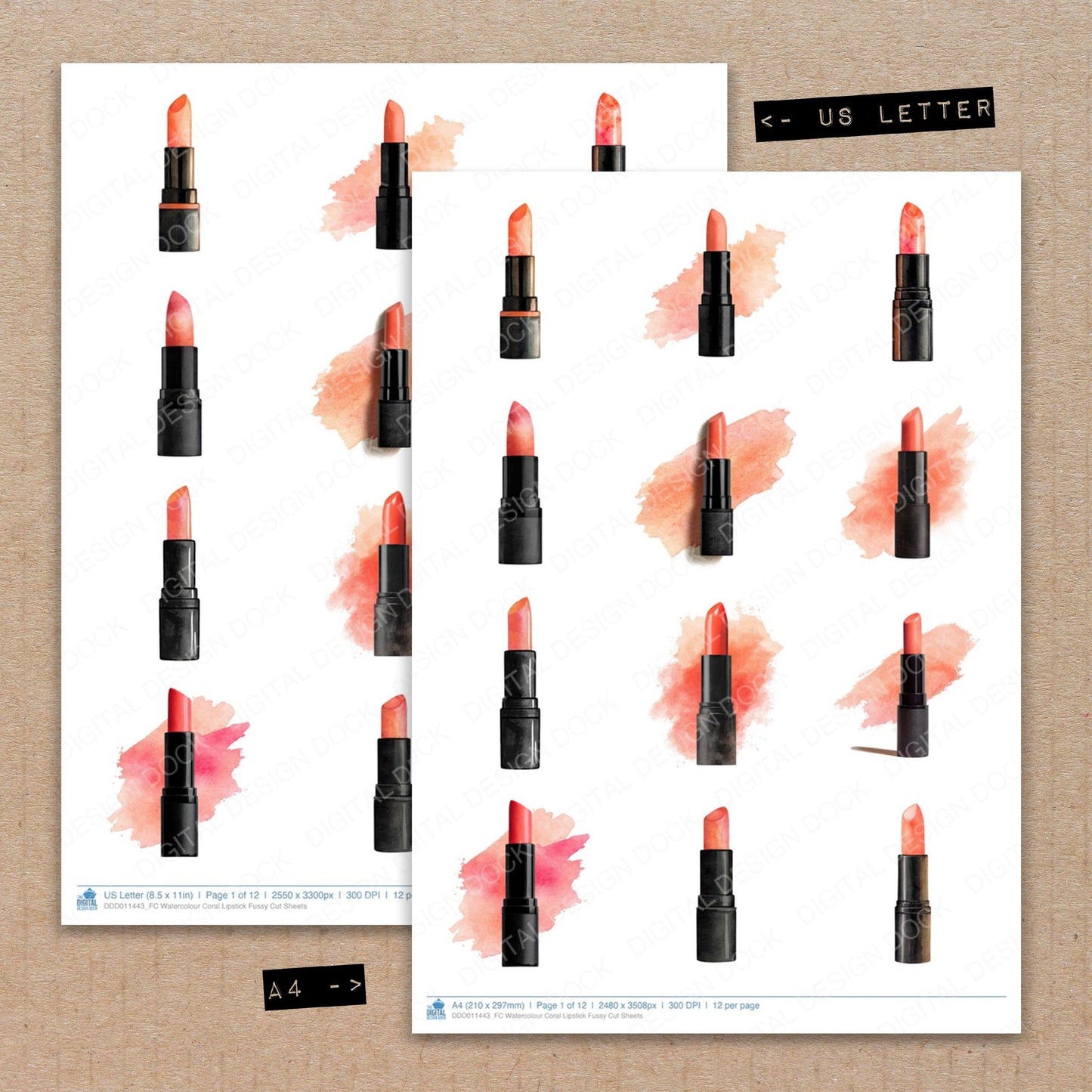 A4 and US Letter format comparison showing Watercolour Coral Lipstick fussy cut pages for print and cut crafting