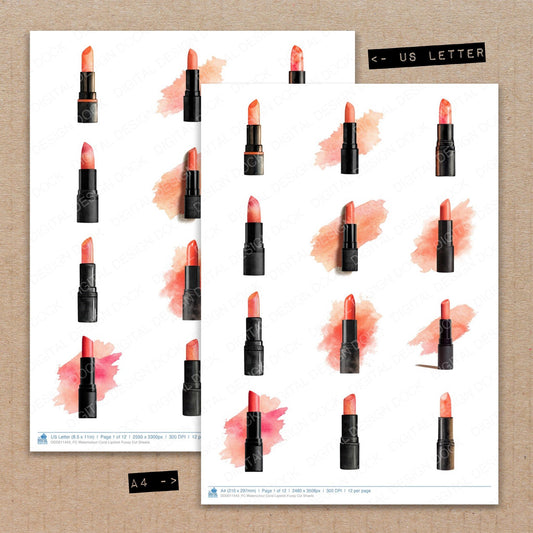 A4 and US Letter format comparison showing Watercolour Coral Lipstick fussy cut pages for print and cut crafting