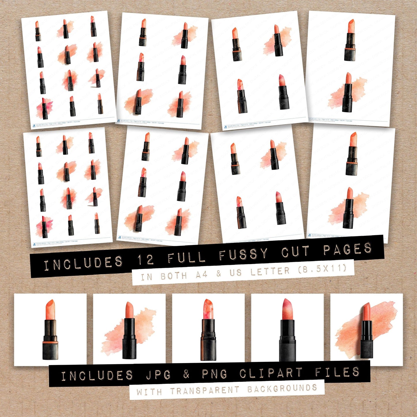 Full collection view of Watercolour Coral Lipstick fussy cut sheets with bonus clipart JPG and PNG files