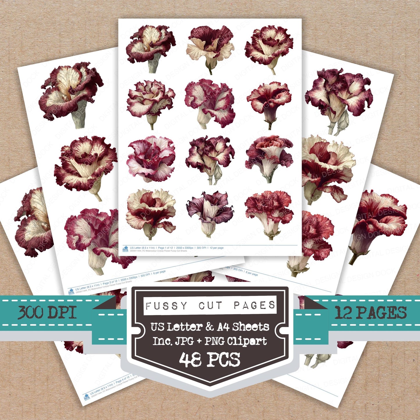 Watercolour Corpse Flower fussy cut printable sheets for junk journaling, scrapbooking, and paper craft projects