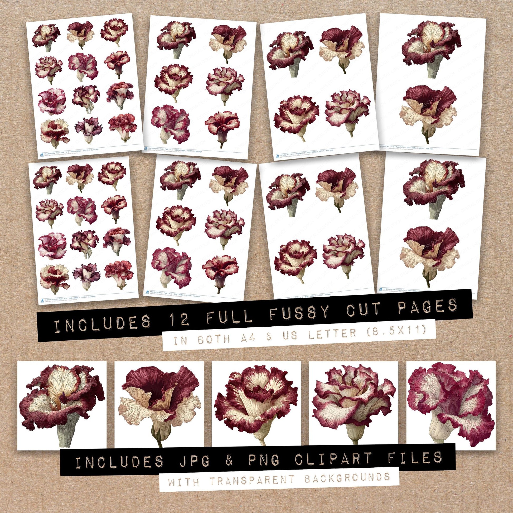 Full collection view of Watercolour Corpse Flower fussy cut sheets with bonus clipart JPG and PNG files
