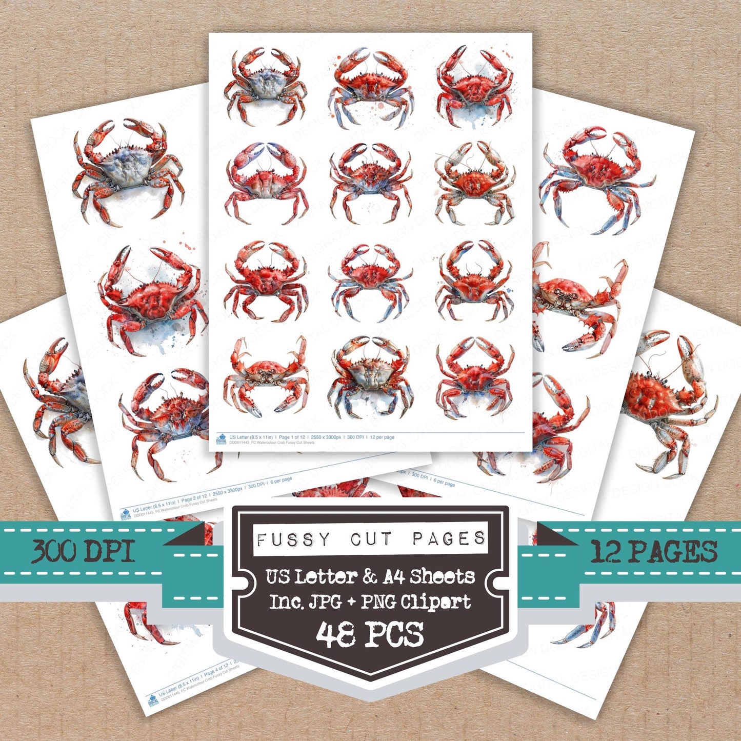 Watercolour Crab fussy cut printable sheets for junk journaling, scrapbooking, and paper craft projects