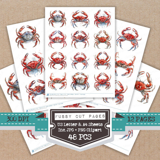 Watercolour Crab fussy cut printable sheets for junk journaling, scrapbooking, and paper craft projects