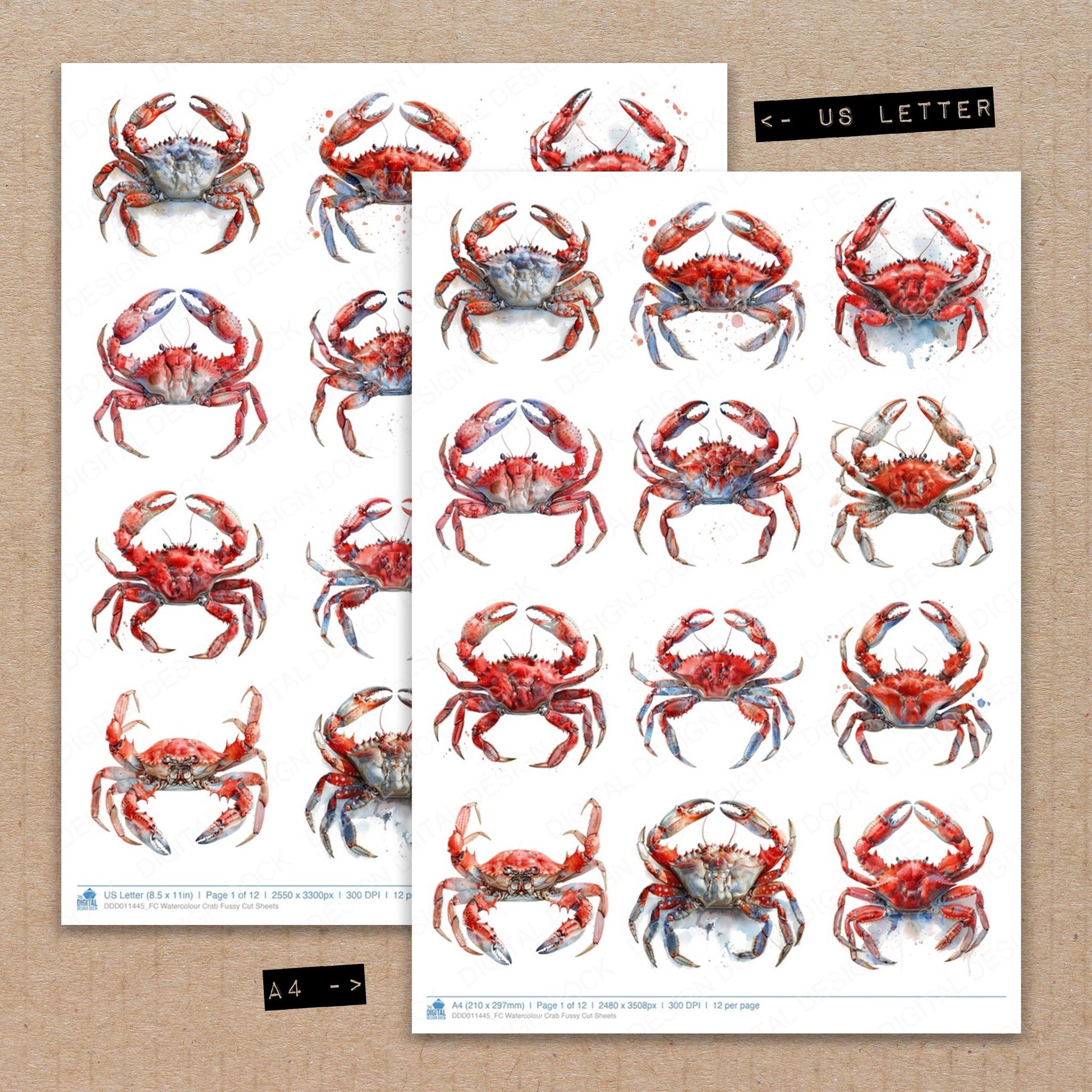 A4 and US Letter format comparison showing Watercolour Crab fussy cut pages for print and cut crafting