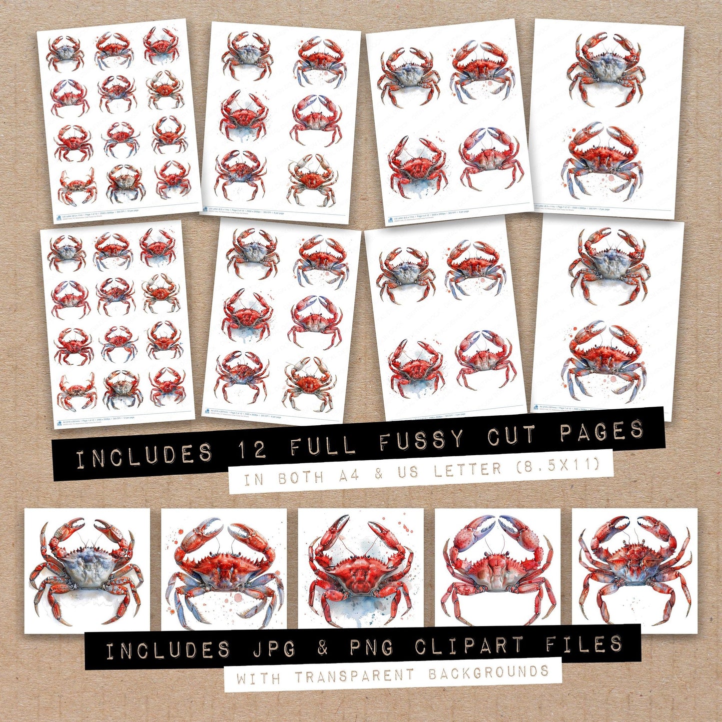 Full collection view of Watercolour Crab fussy cut sheets with bonus clipart JPG and PNG files
