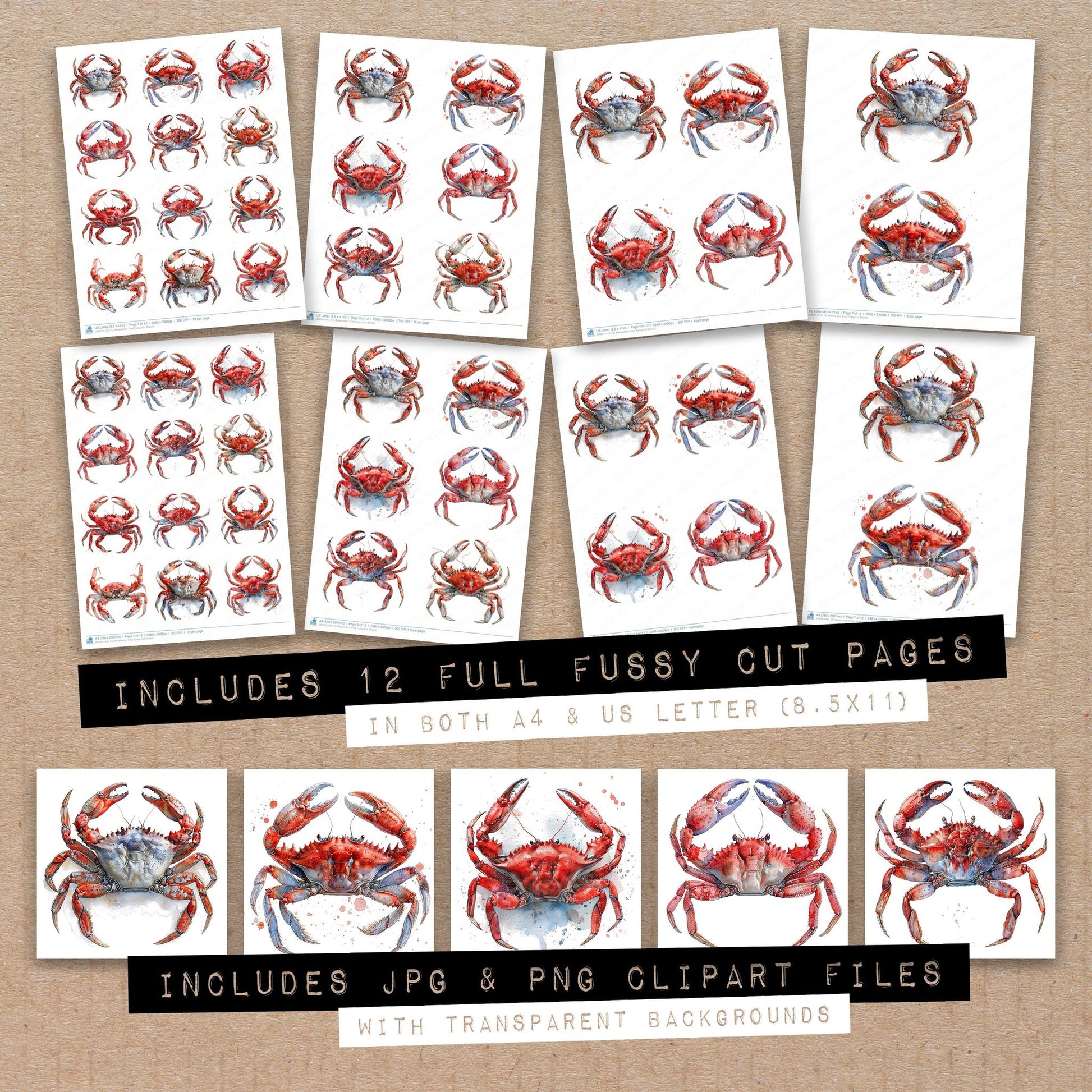 Full collection view of Watercolour Crab fussy cut sheets with bonus clipart JPG and PNG files