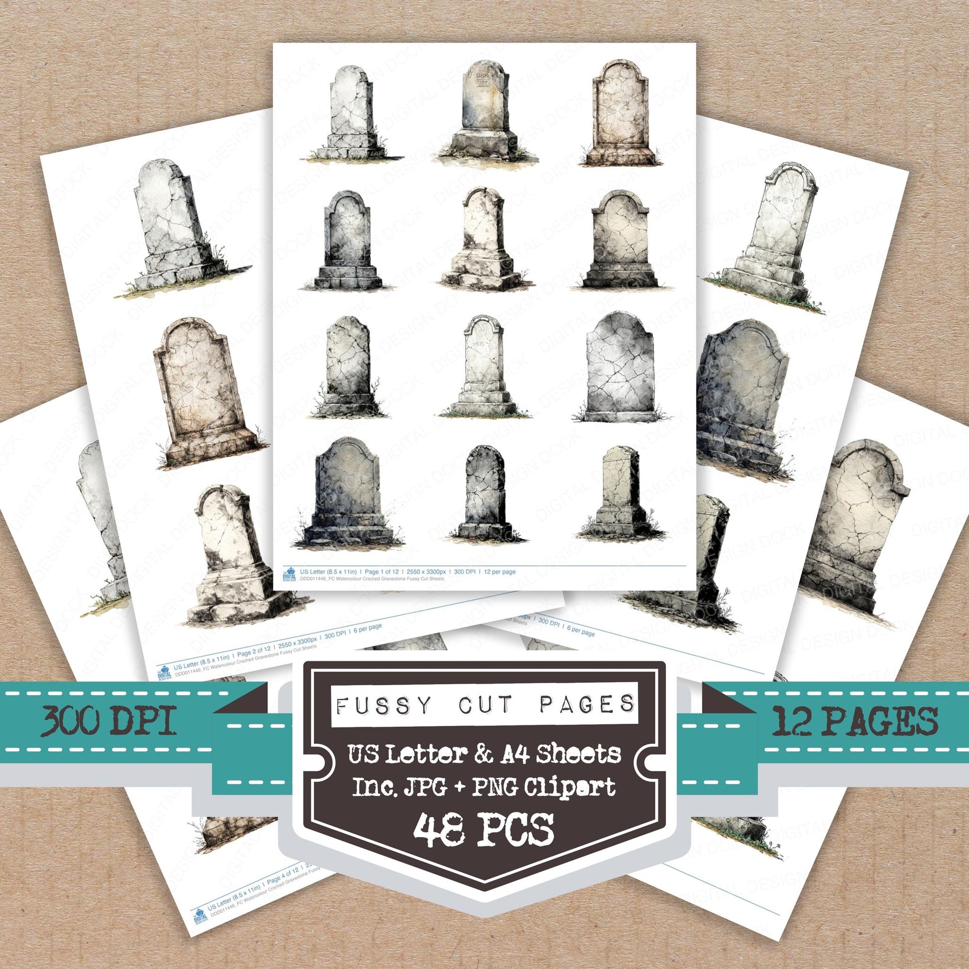 Watercolour Cracked Gravestone fussy cut printable sheets for junk journaling, scrapbooking, and paper craft projects