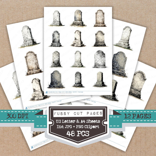 Watercolour Cracked Gravestone fussy cut printable sheets for junk journaling, scrapbooking, and paper craft projects