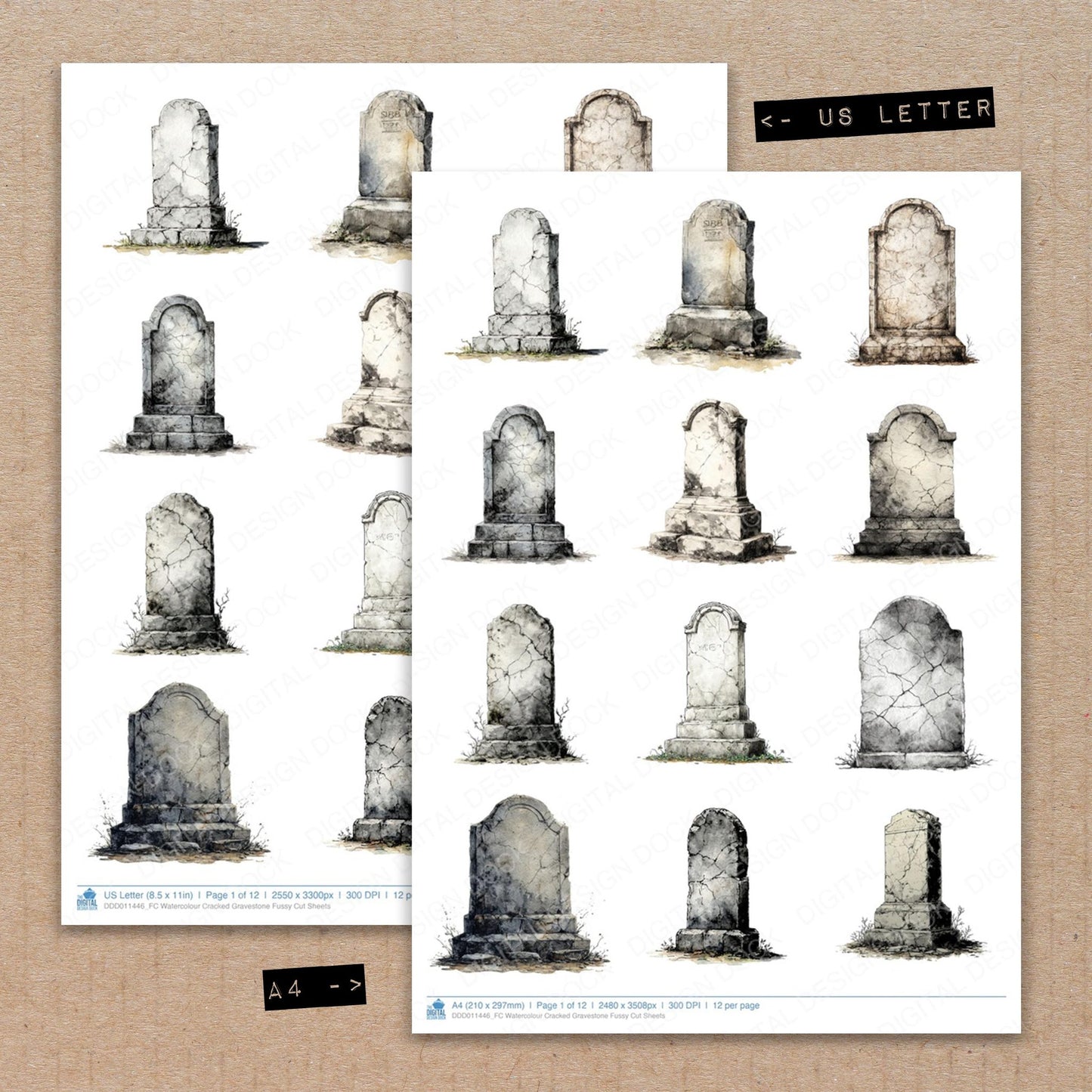 A4 and US Letter format comparison showing Watercolour Cracked Gravestone fussy cut pages for print and cut crafting
