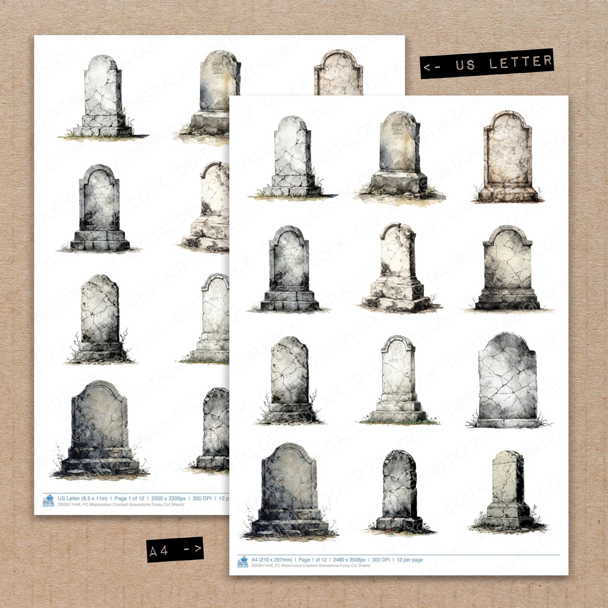 A4 and US Letter format comparison showing Watercolour Cracked Gravestone fussy cut pages for print and cut crafting
