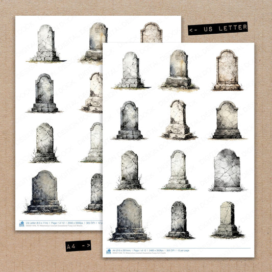 A4 and US Letter format comparison showing Watercolour Cracked Gravestone fussy cut pages for print and cut crafting