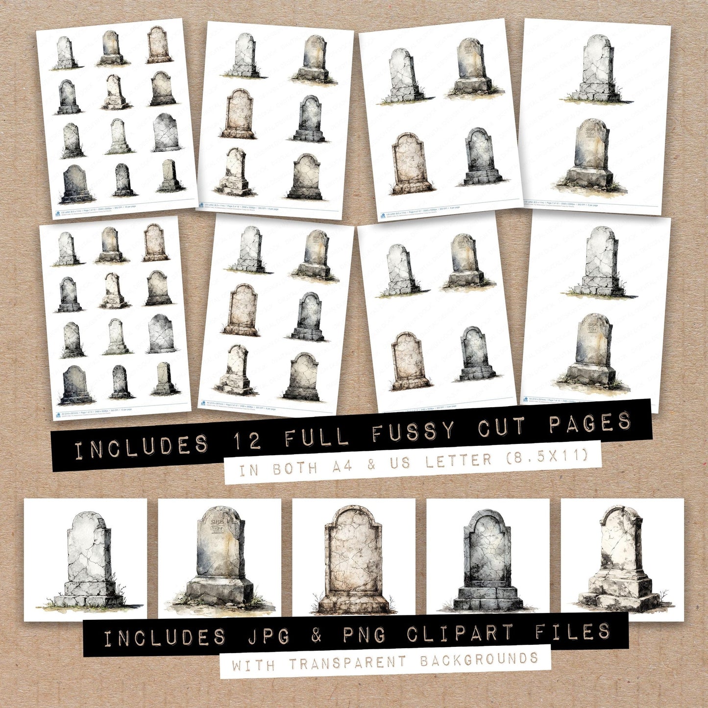 Full collection view of Watercolour Cracked Gravestone fussy cut sheets with bonus clipart JPG and PNG files