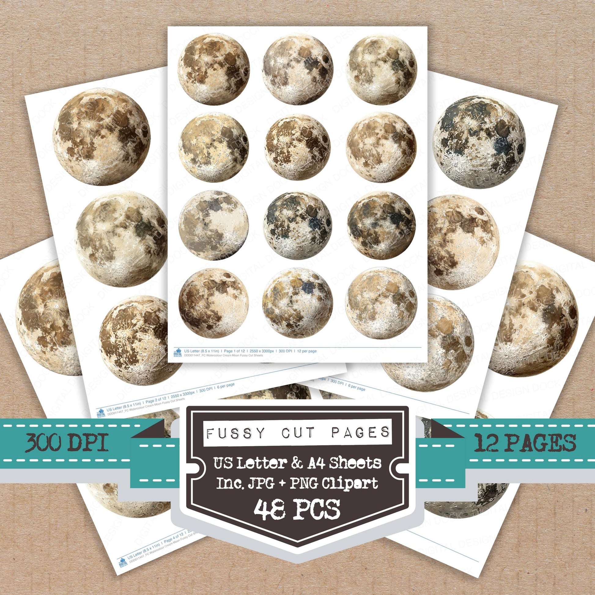 Watercolour Cream Moon fussy cut printable sheets for junk journaling, scrapbooking, and paper craft projects