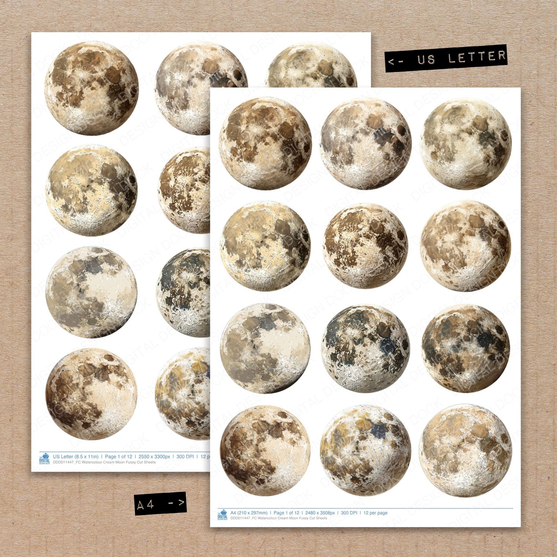 A4 and US Letter format comparison showing Watercolour Cream Moon fussy cut pages for print and cut crafting