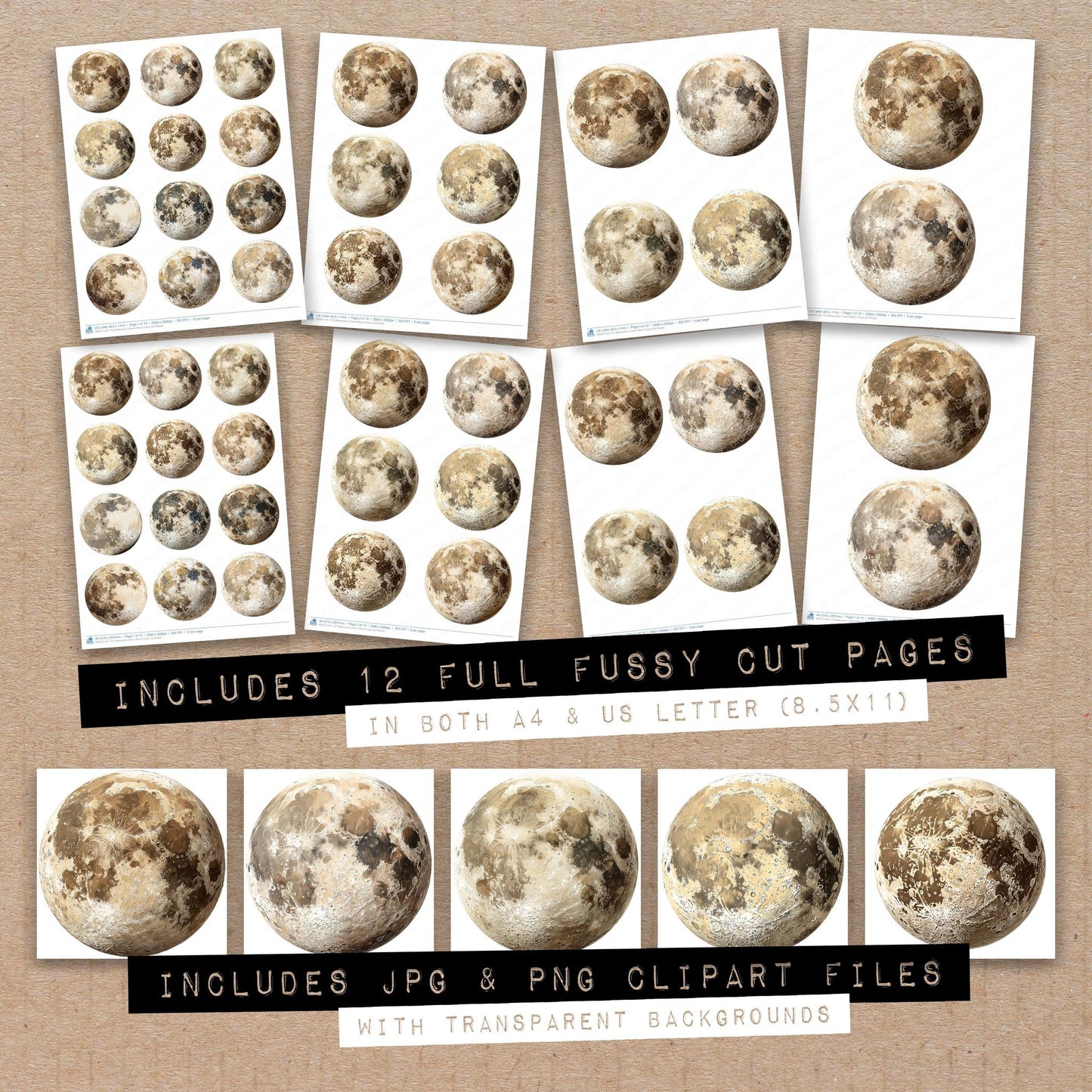 Full collection view of Watercolour Cream Moon fussy cut sheets with bonus clipart JPG and PNG files
