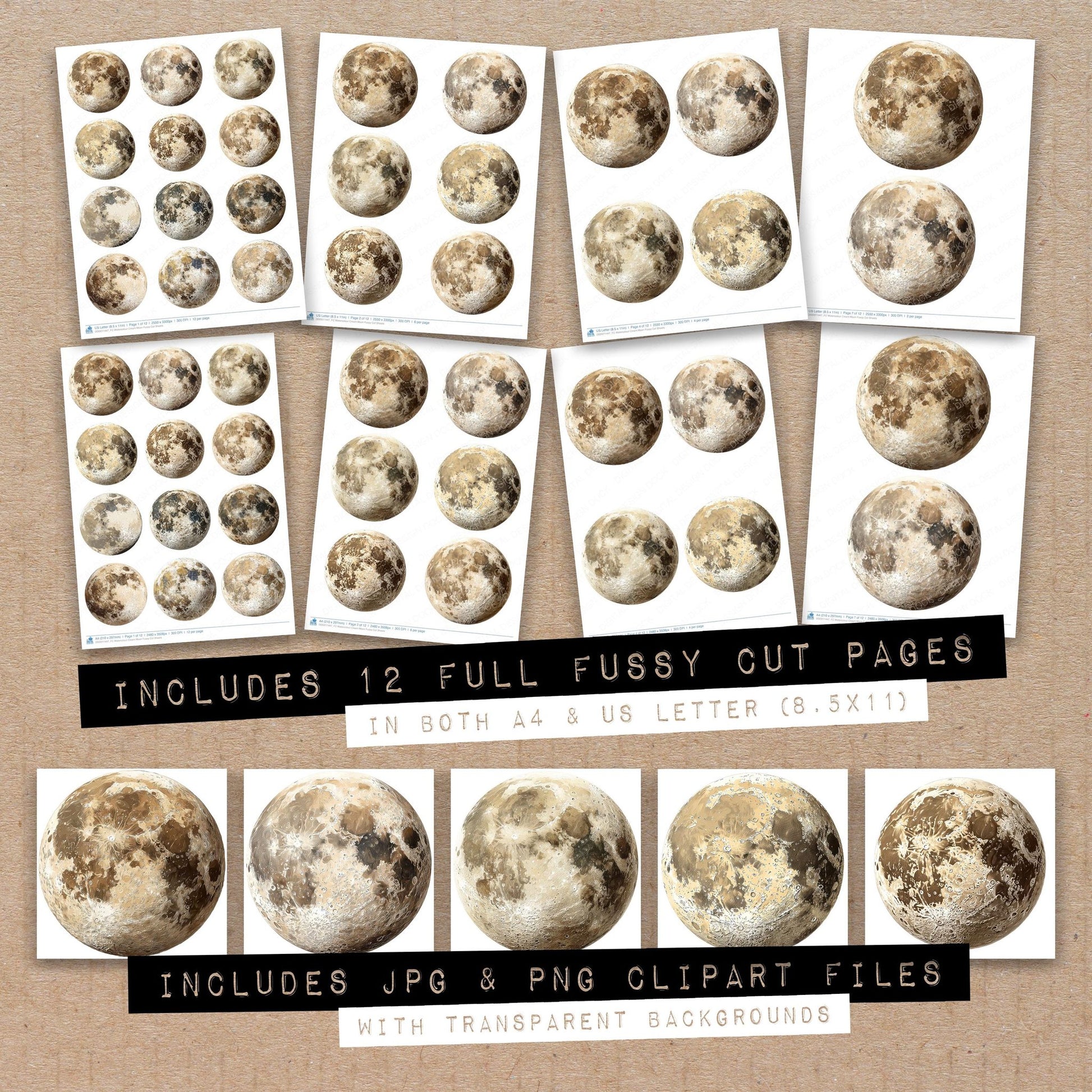 Full collection view of Watercolour Cream Moon fussy cut sheets with bonus clipart JPG and PNG files