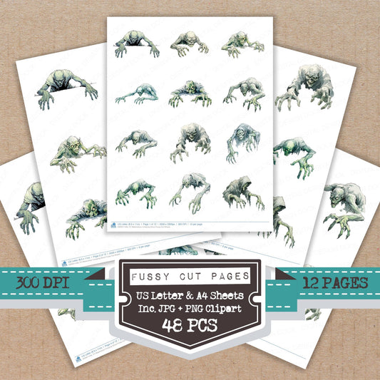 Watercolour Creeping Ghoul fussy cut printable sheets for junk journaling, scrapbooking, and paper craft projects