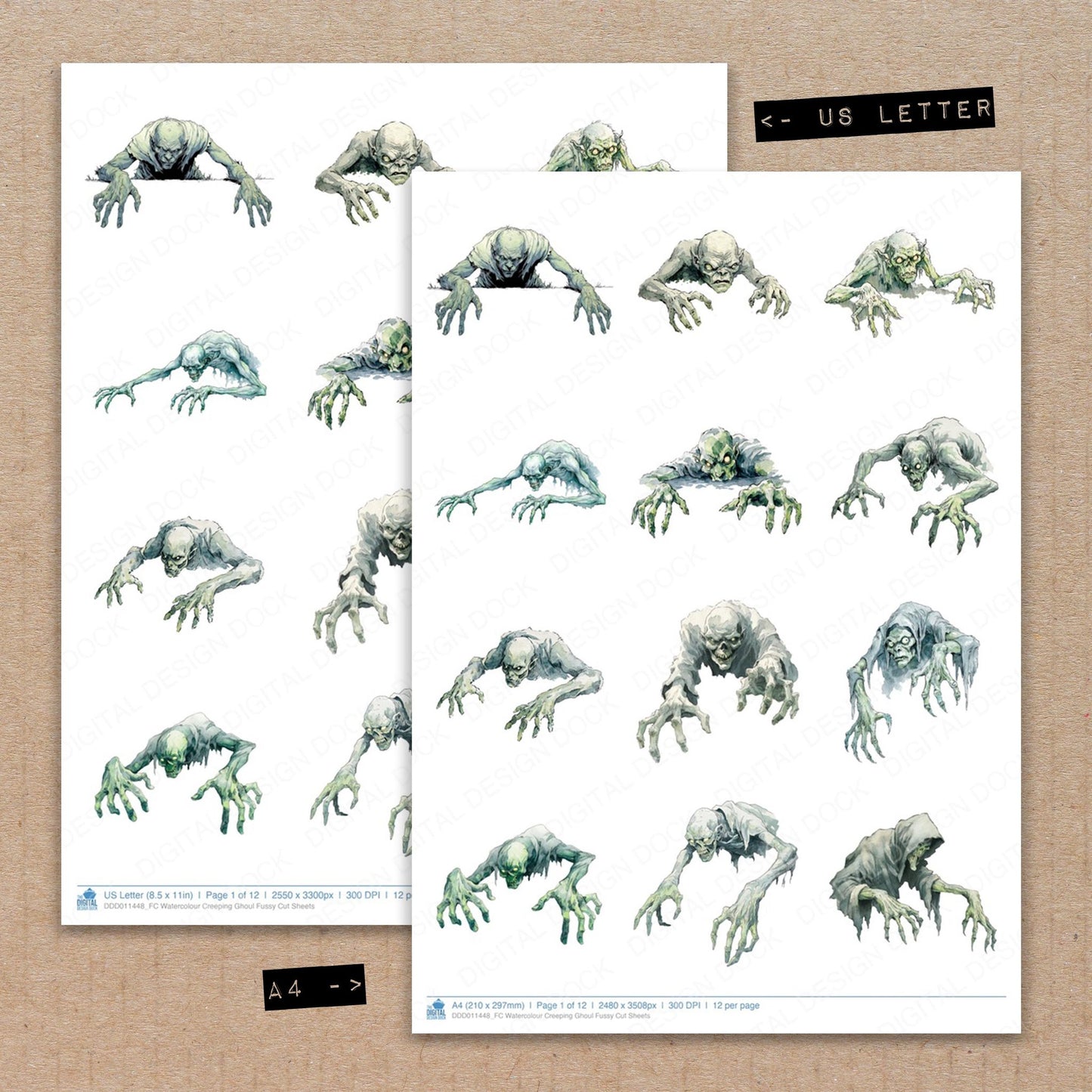 A4 and US Letter format comparison showing Watercolour Creeping Ghoul fussy cut pages for print and cut crafting