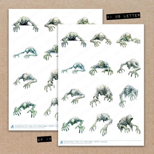 A4 and US Letter format comparison showing Watercolour Creeping Ghoul fussy cut pages for print and cut crafting