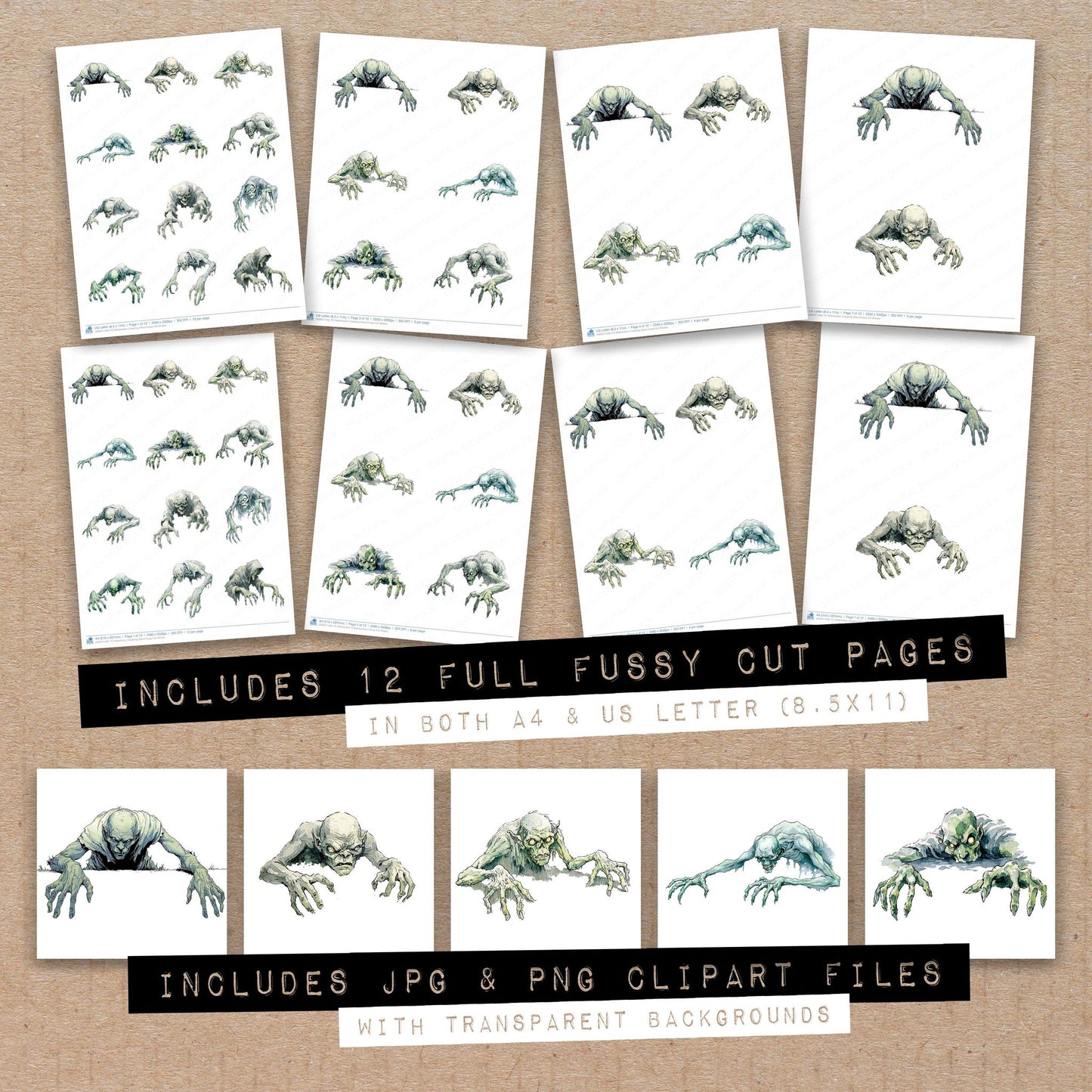 Full collection view of Watercolour Creeping Ghoul fussy cut sheets with bonus clipart JPG and PNG files