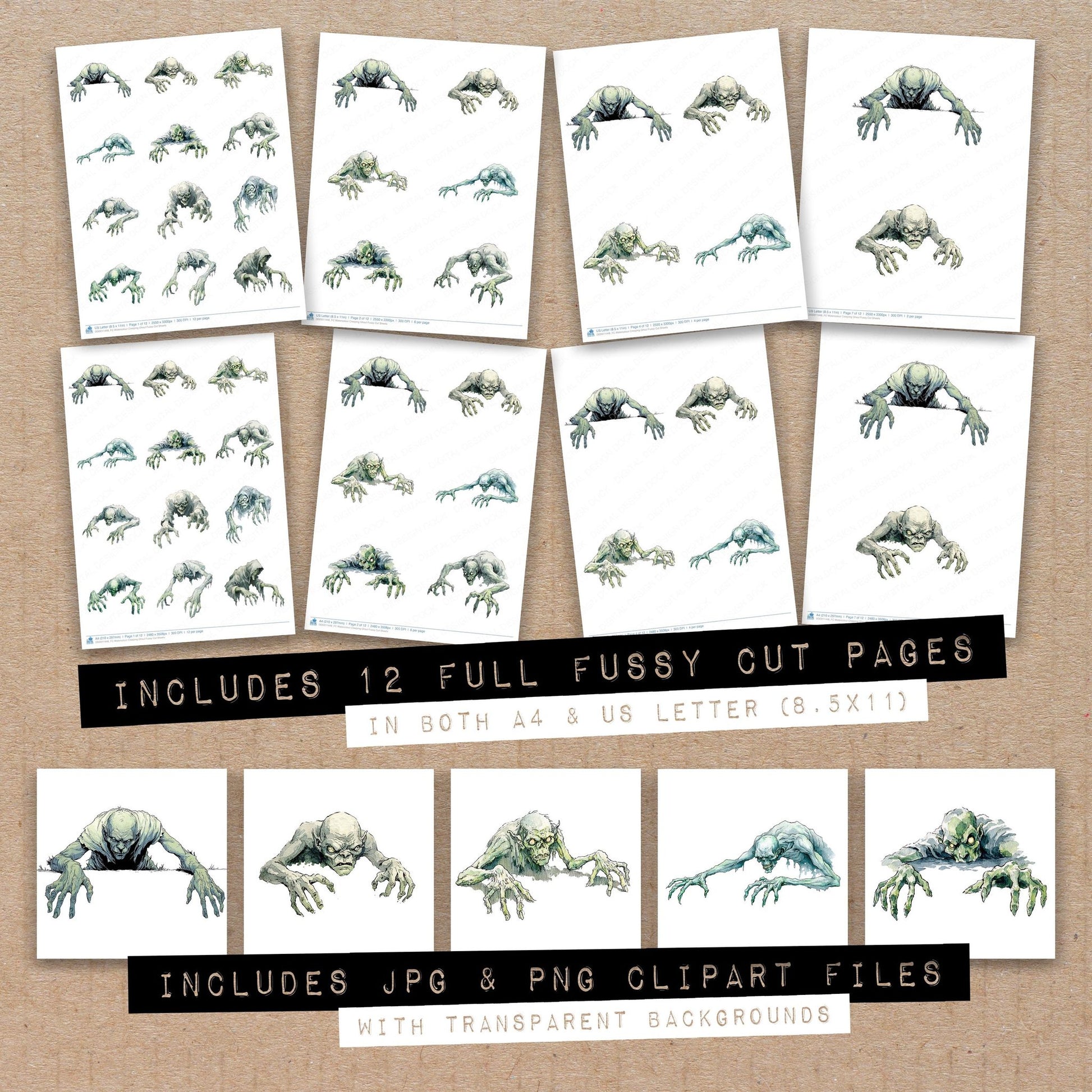 Full collection view of Watercolour Creeping Ghoul fussy cut sheets with bonus clipart JPG and PNG files
