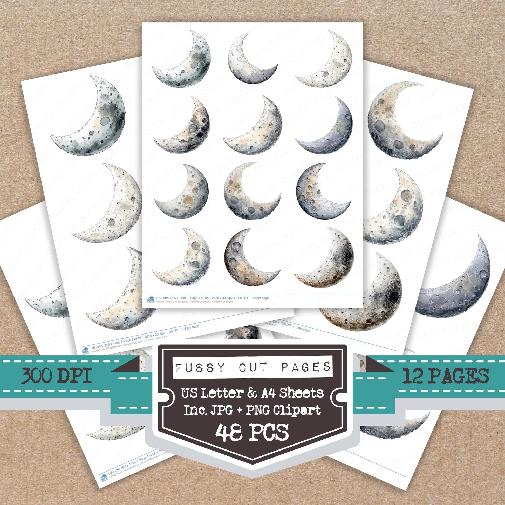 Watercolour Crescent Moon A fussy cut printable sheets for junk journaling, scrapbooking, and paper craft projects