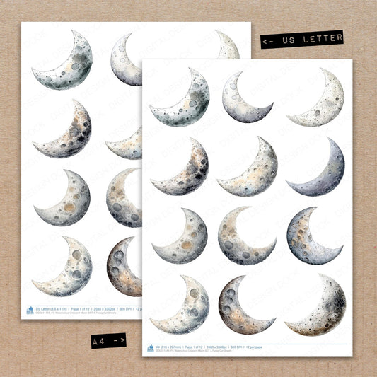 A4 and US Letter format comparison showing Watercolour Crescent Moon A fussy cut pages for print and cut crafting