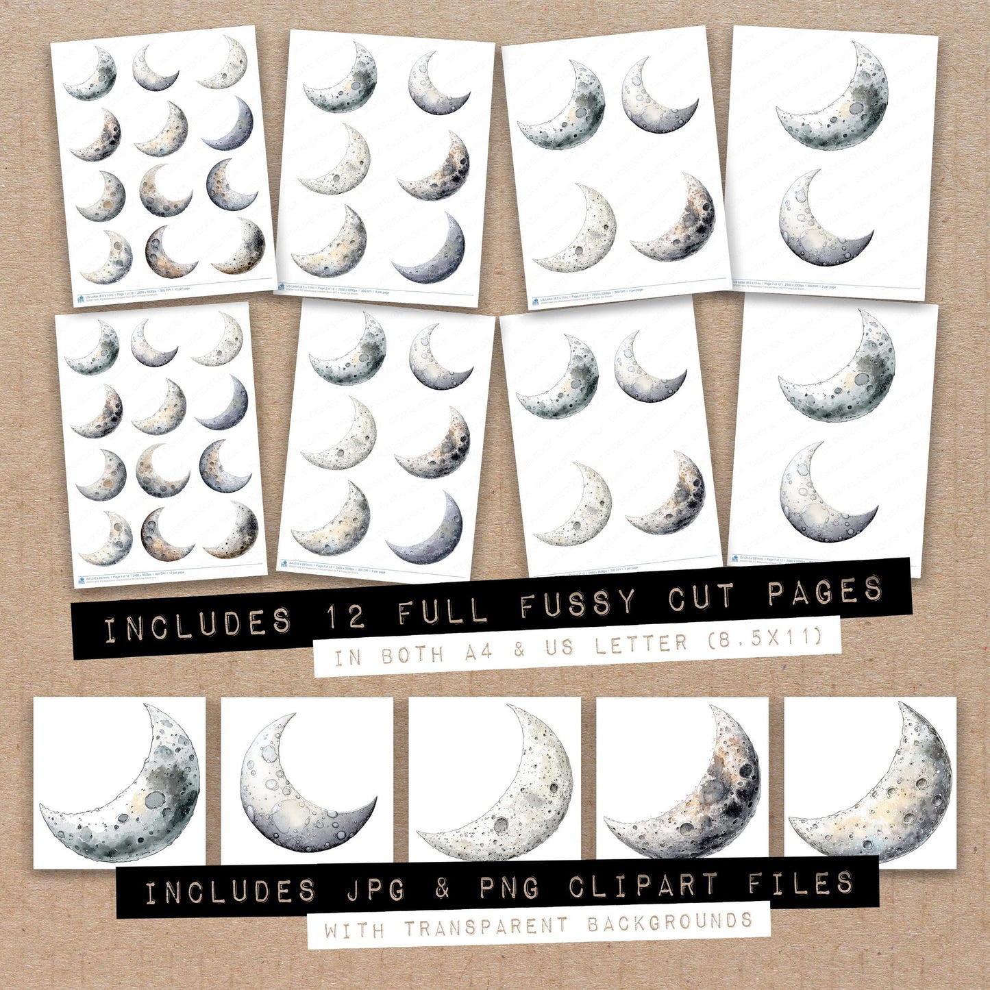 Full collection view of Watercolour Crescent Moon A fussy cut sheets with bonus clipart JPG and PNG files