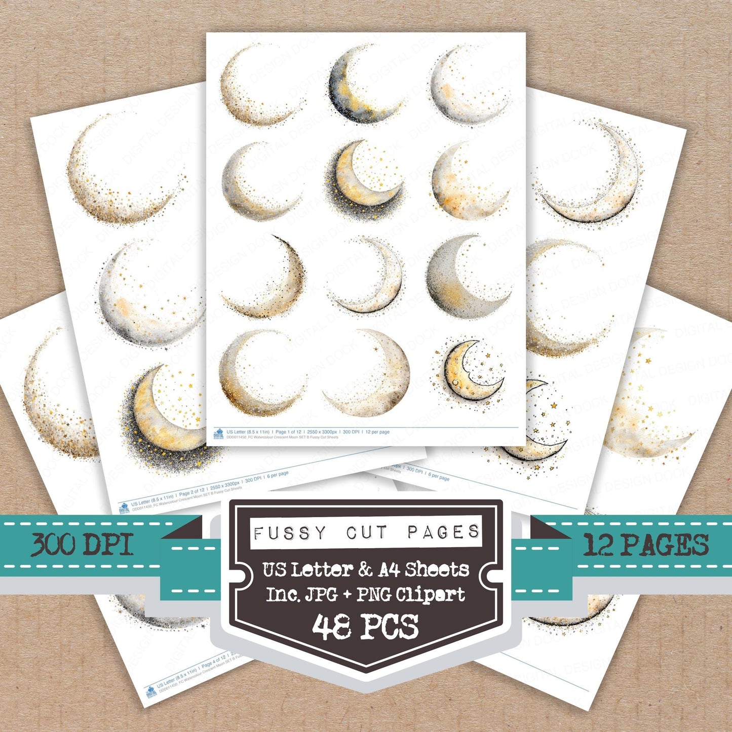 Watercolour Crescent Moon B fussy cut printable sheets for junk journaling, scrapbooking, and paper craft projects