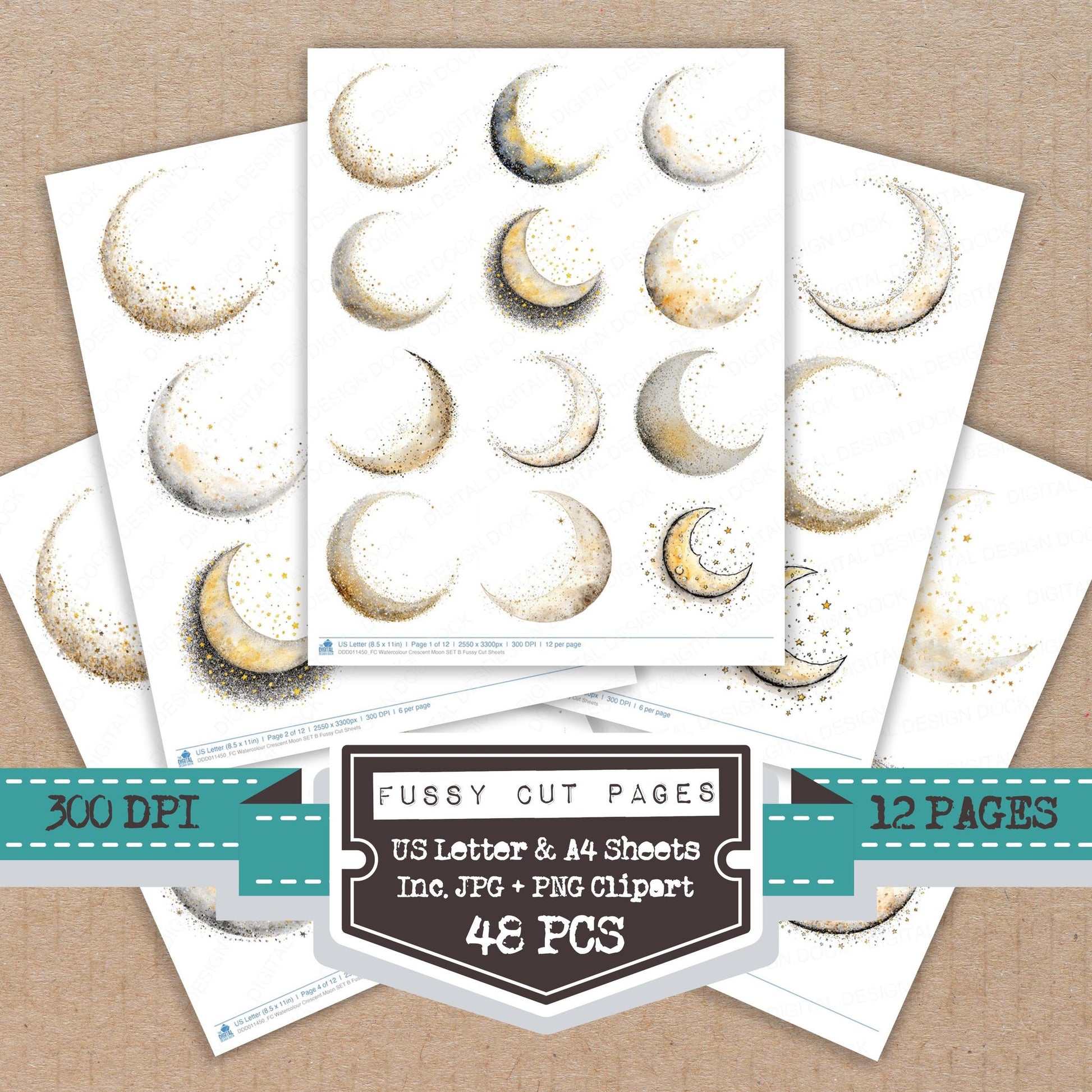 Watercolour Crescent Moon B fussy cut printable sheets for junk journaling, scrapbooking, and paper craft projects