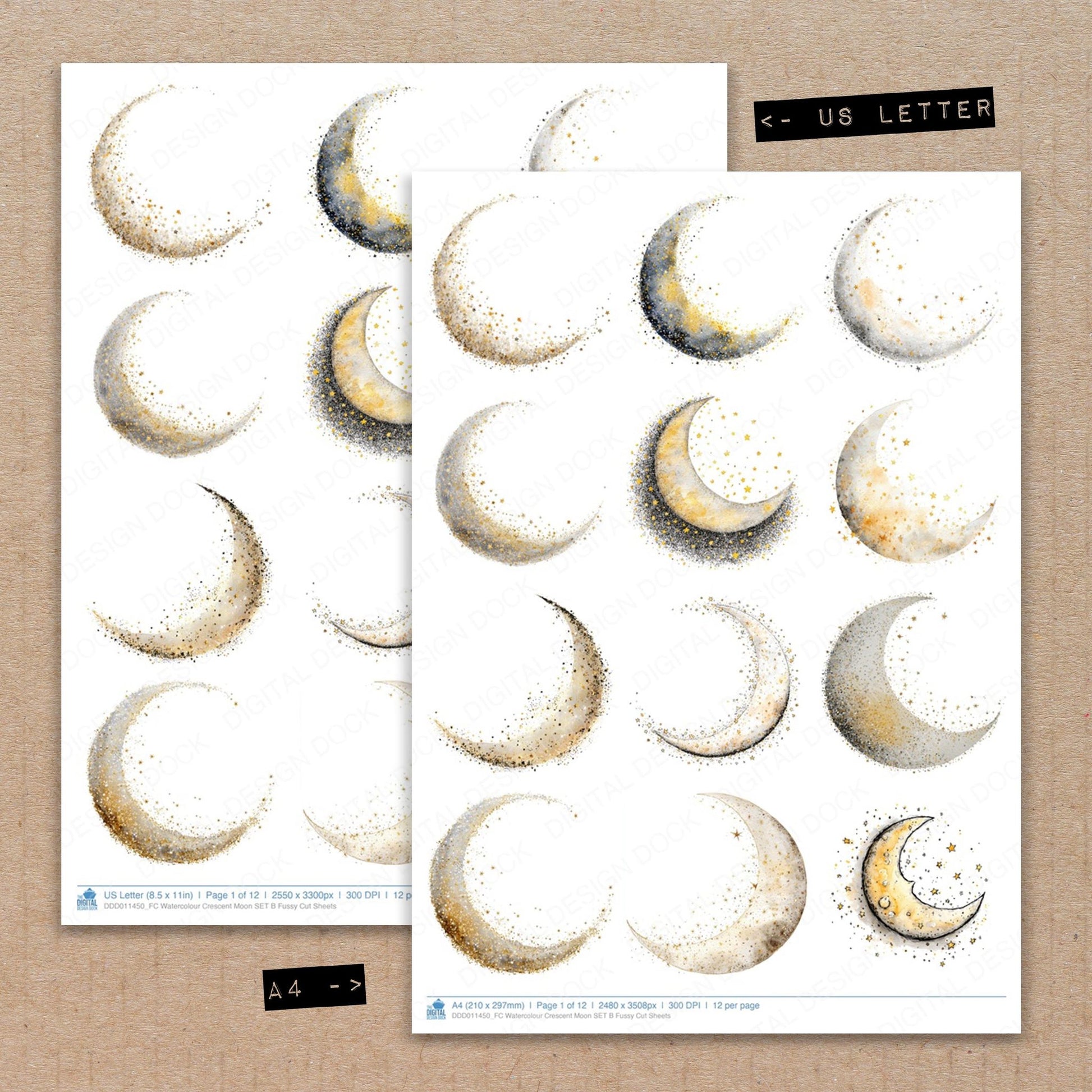 A4 and US Letter format comparison showing Watercolour Crescent Moon B fussy cut pages for print and cut crafting
