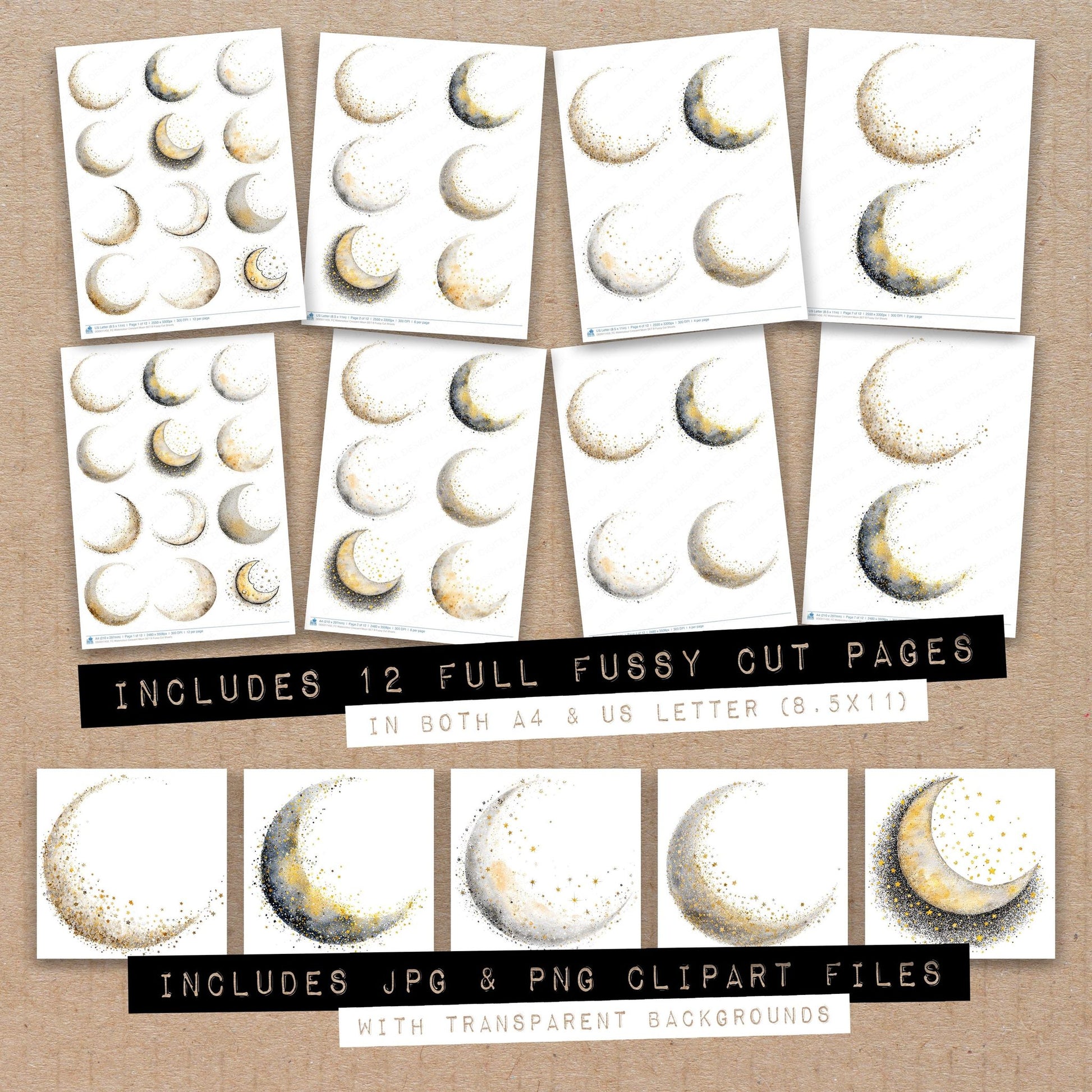 Full collection view of Watercolour Crescent Moon B fussy cut sheets with bonus clipart JPG and PNG files