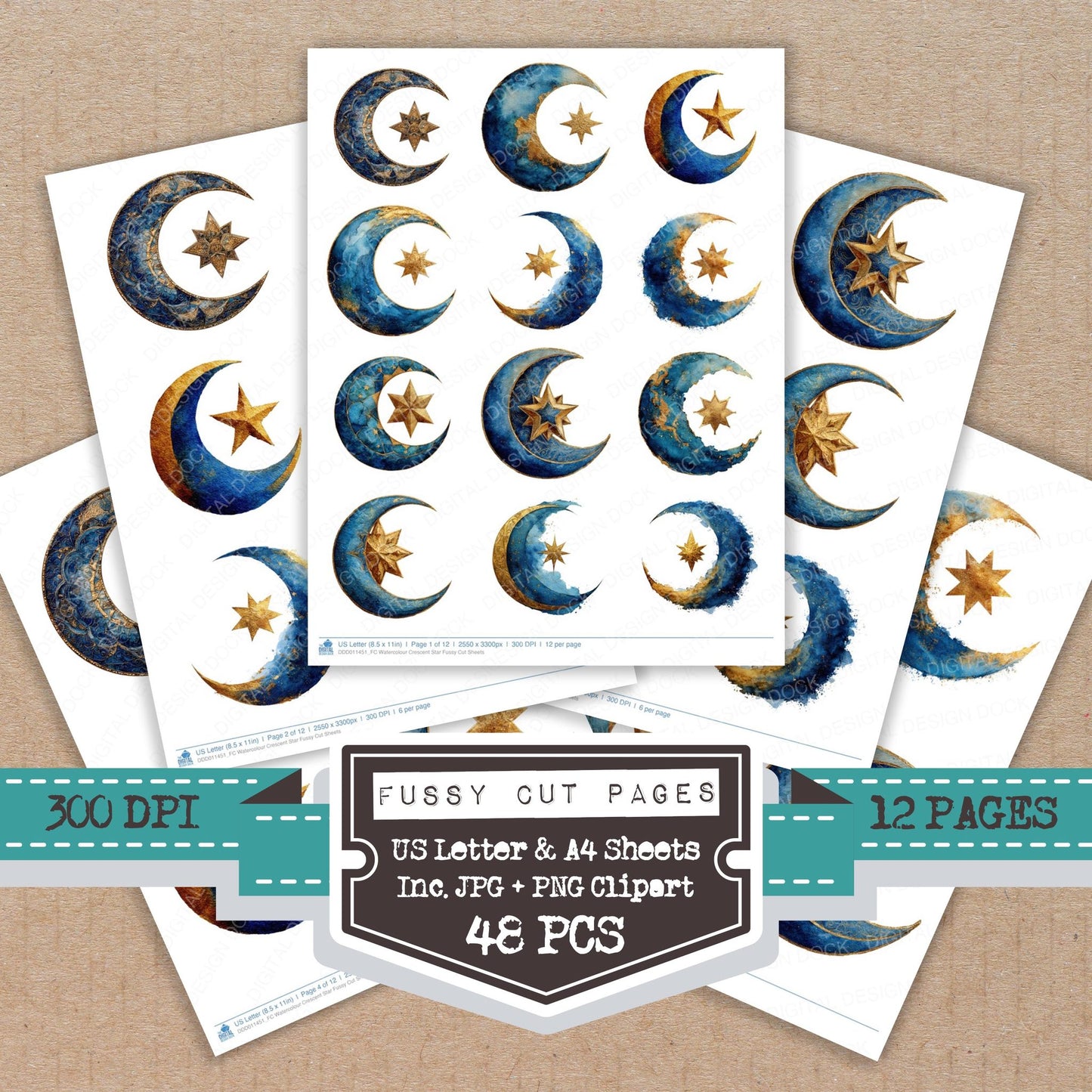 Watercolour Crescent Star fussy cut printable sheets for junk journaling, scrapbooking, and paper craft projects