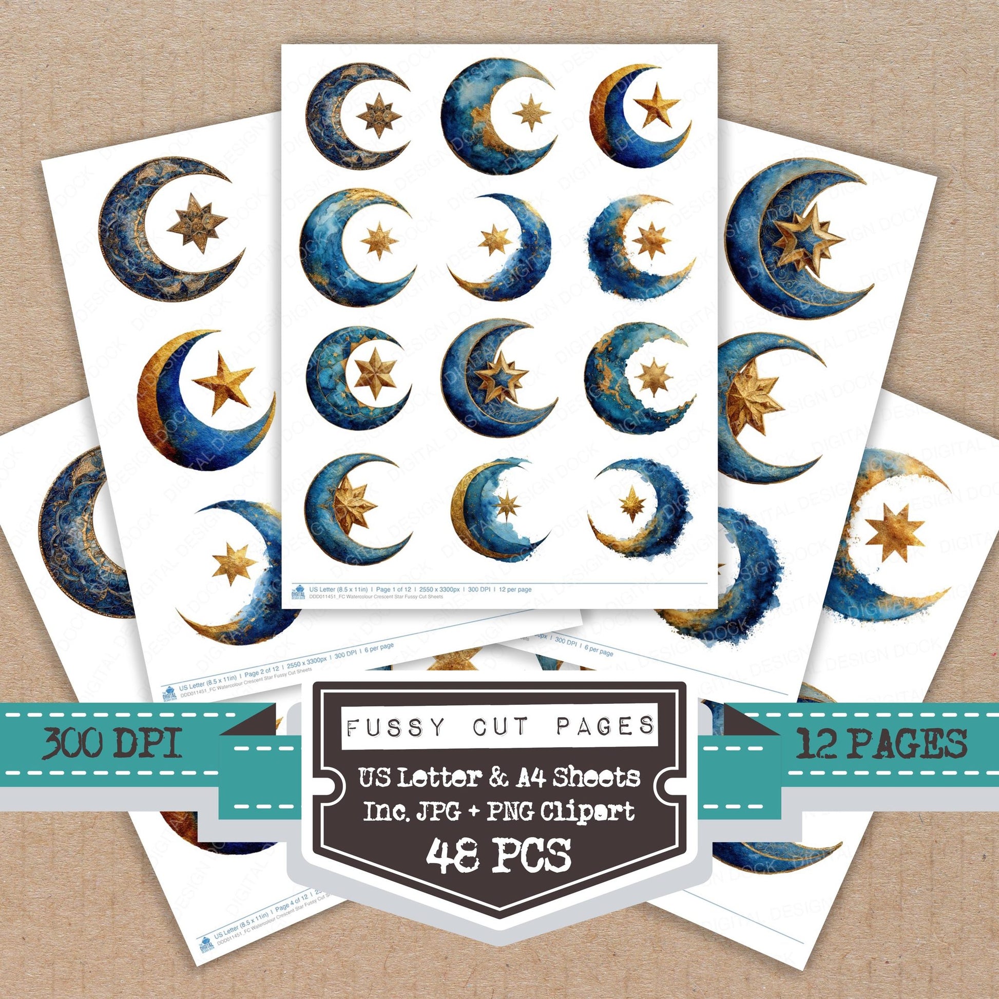 Watercolour Crescent Star fussy cut printable sheets for junk journaling, scrapbooking, and paper craft projects