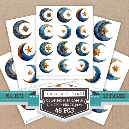 Watercolour Crescent Star fussy cut printable sheets for junk journaling, scrapbooking, and paper craft projects