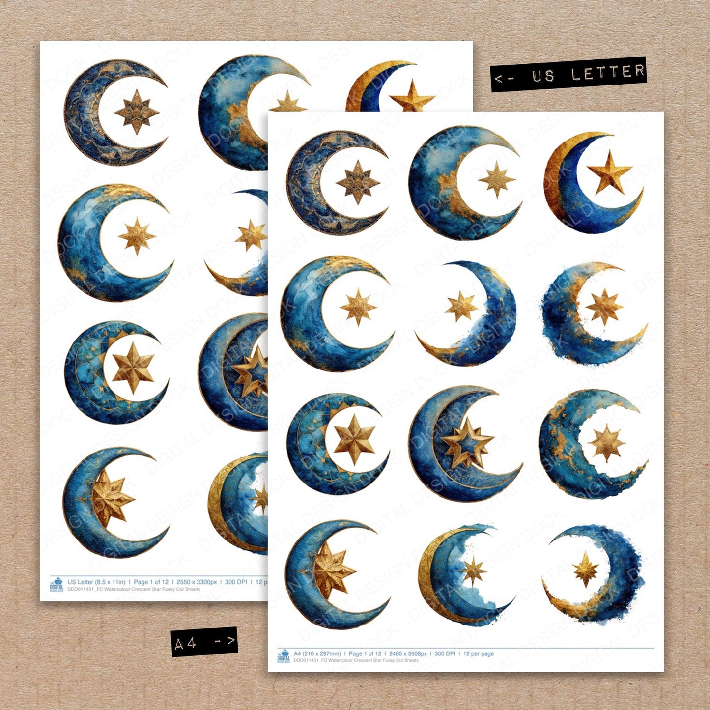 A4 and US Letter format comparison showing Watercolour Crescent Star fussy cut pages for print and cut crafting