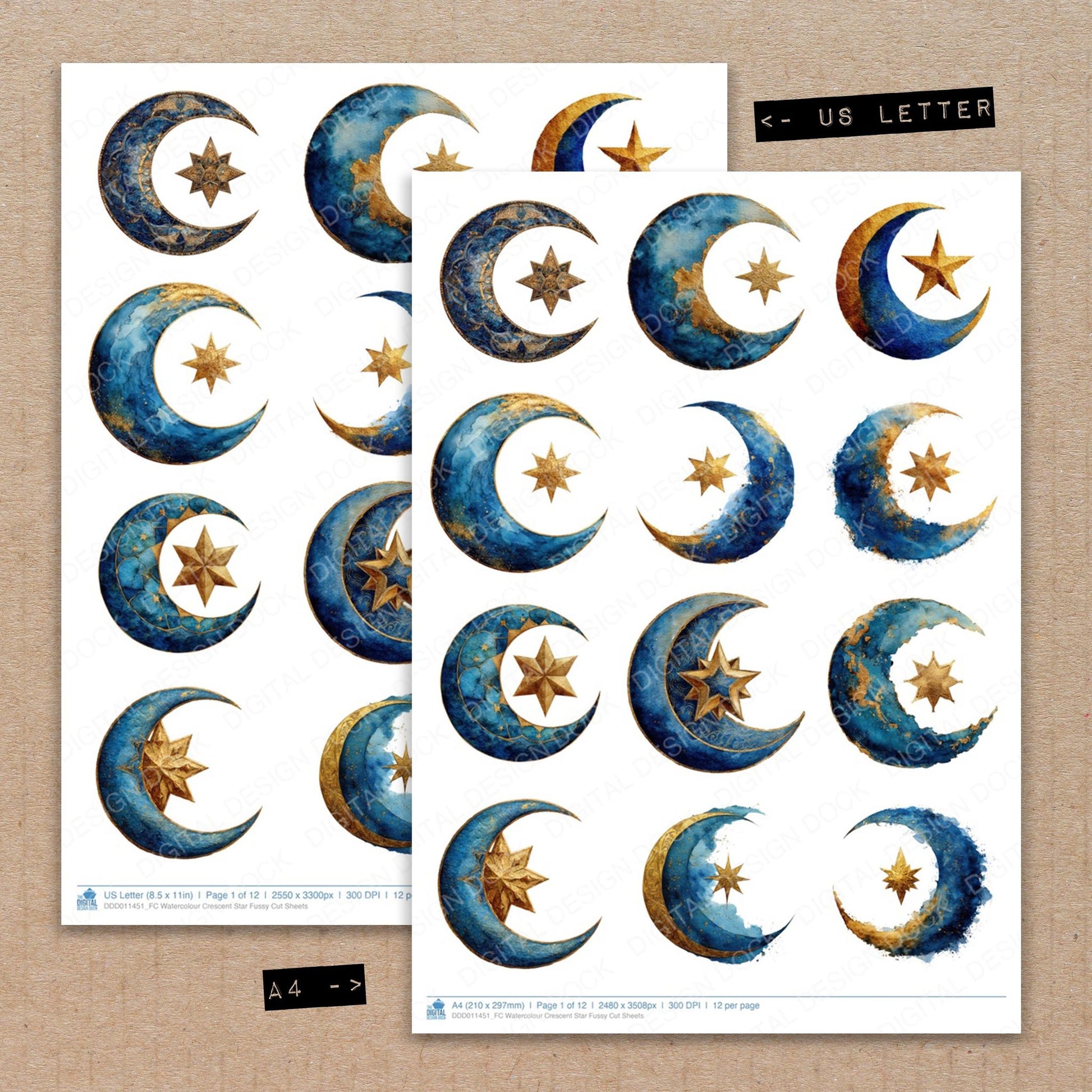 A4 and US Letter format comparison showing Watercolour Crescent Star fussy cut pages for print and cut crafting