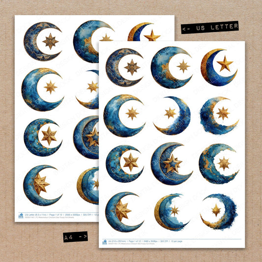 A4 and US Letter format comparison showing Watercolour Crescent Star fussy cut pages for print and cut crafting