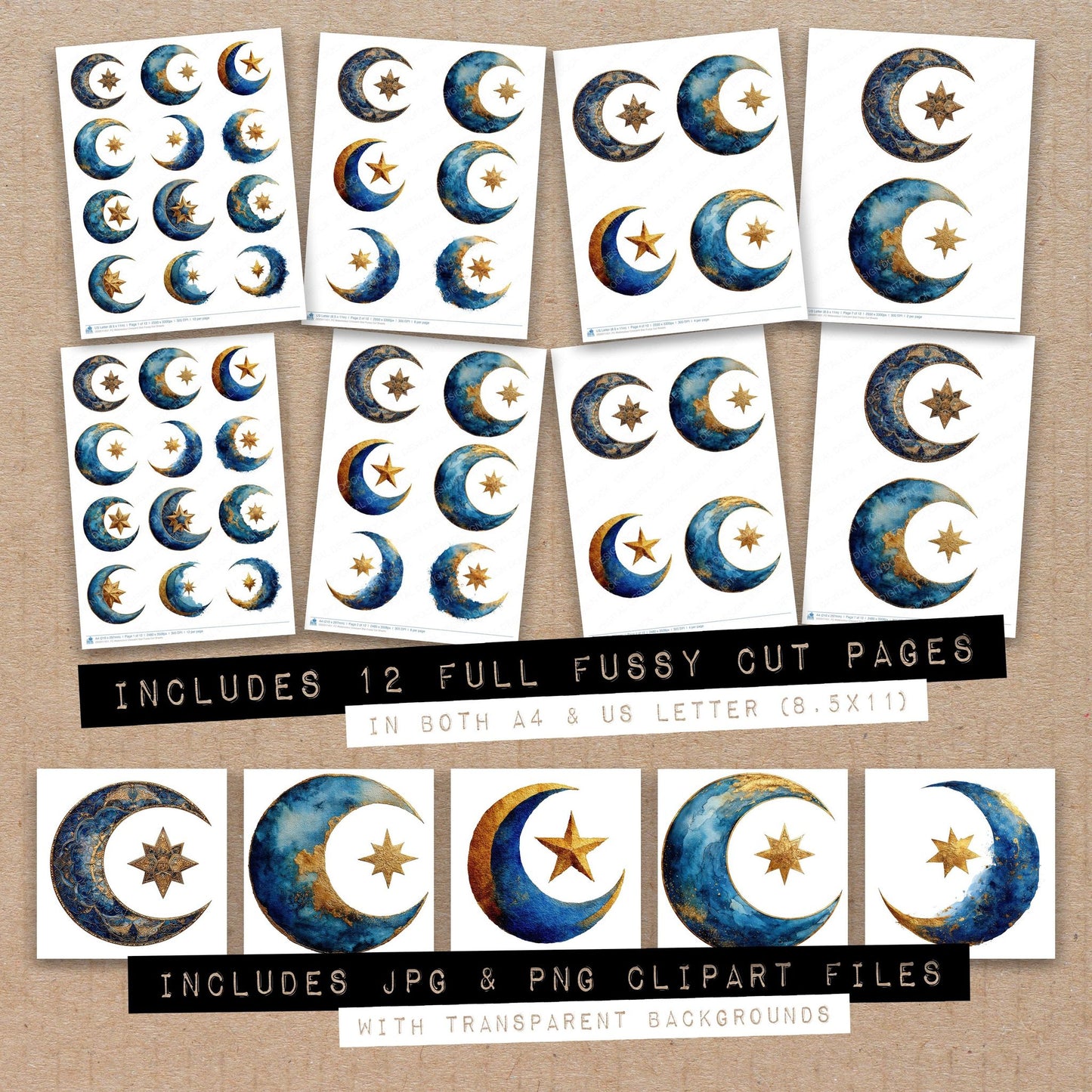 Full collection view of Watercolour Crescent Star fussy cut sheets with bonus clipart JPG and PNG files
