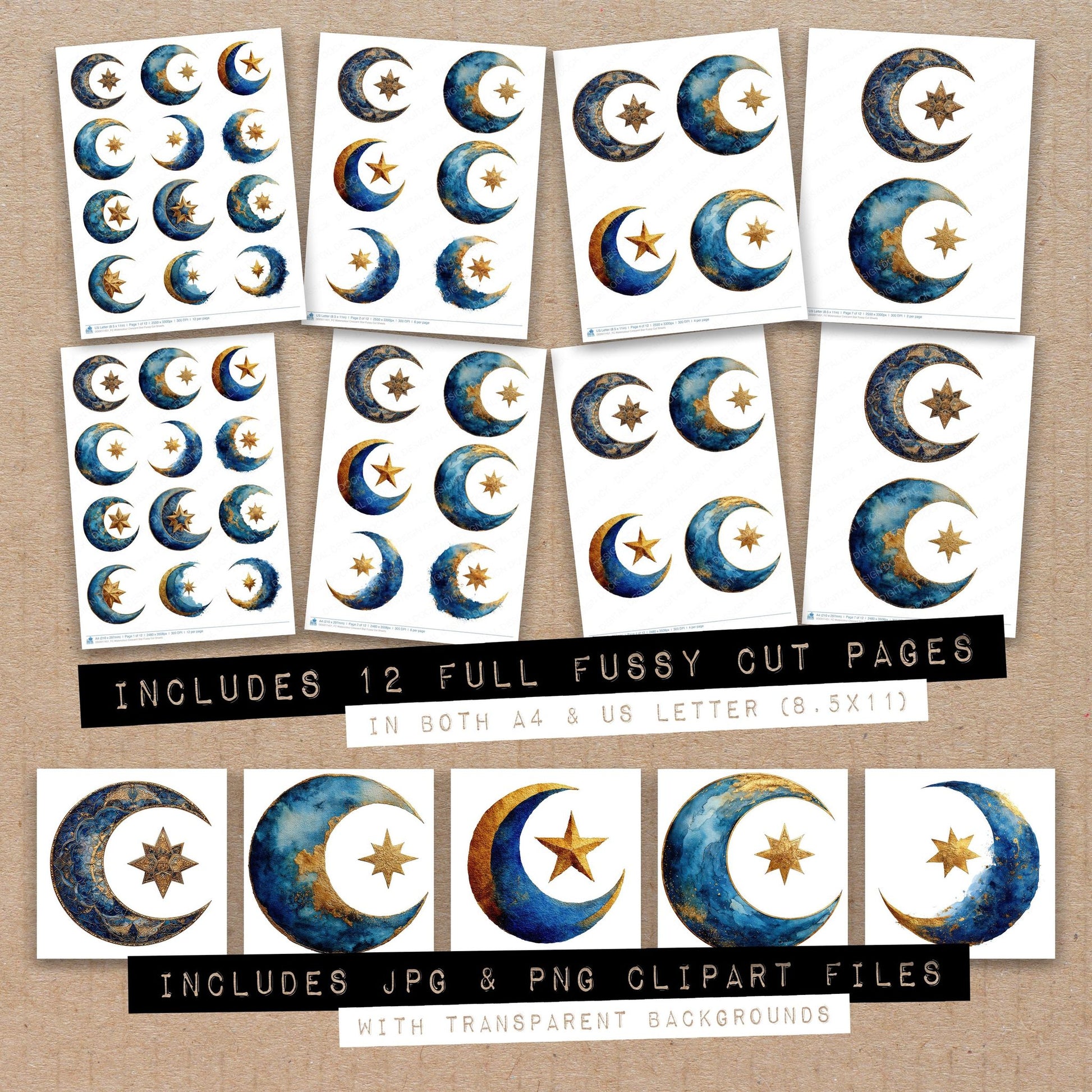 Full collection view of Watercolour Crescent Star fussy cut sheets with bonus clipart JPG and PNG files